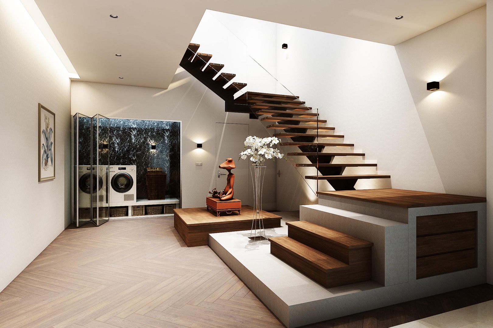 Helle moderne Treppe mit Holzstufen